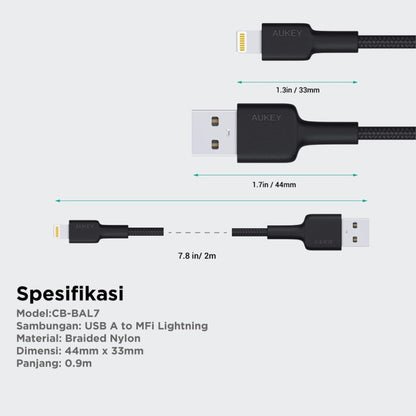 AUKEY Kabel Charger USB-A ke Lightning MFI 1 Meter Jalinan Nilon CB-BAL7 - Gambar 3