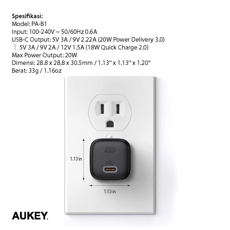 AUKEY Charger Type C 20W GAN PD 3.0 Fast Charging Black & White PA-B1T - Gambar 4