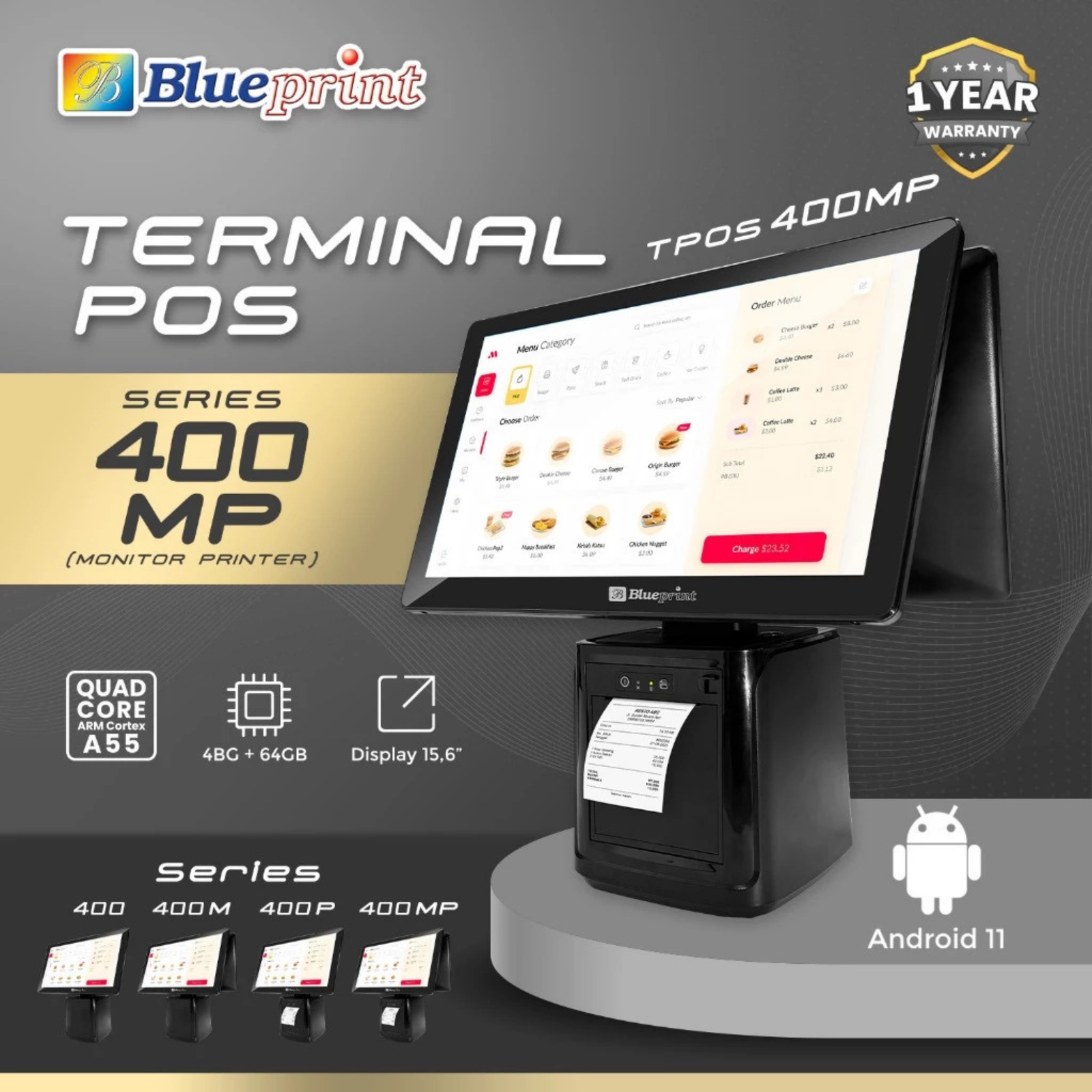 BLUEPRINT Mesin Kasir All in One / TPOS 400MP - Android | Touch Screen 15.6" | 4GB/64GB